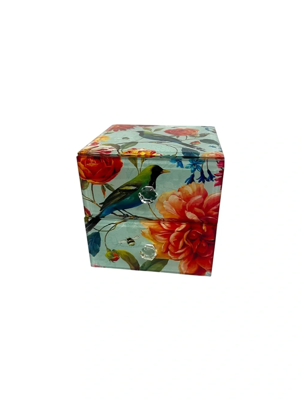 Notions Glass Jewelry Box 2 Drawer Mirrored Bird Floral Trinket Organizer 5x5